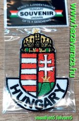 MAGYAR CÍMER ALUL HUNGARY FELIRATTAL TEXTIL EMBLÉMA  8 X 5 cm VASALHATÓS