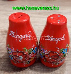 PIROS KÉZZEL FESTETT KALOCSAI MINTÁS KERÁMIA SÓ-BORS TARTÓ  2 DB-OS 5x8,5 cm-es